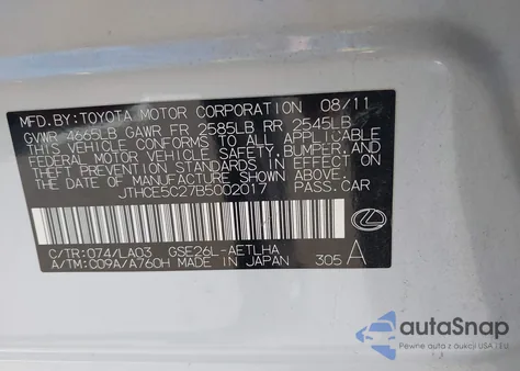 2011 Lexus Is 350 from USA, damaged, VIN JTHCE5C27B5002017